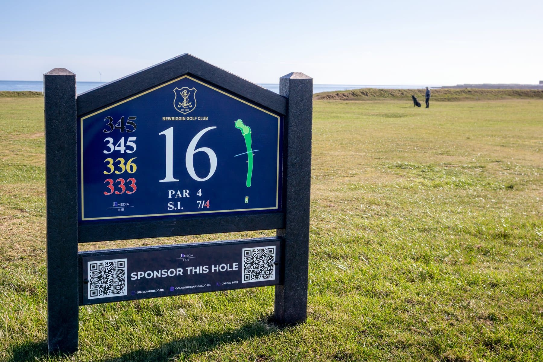 The 16th at Newbiggin Golf Club, with a panel reading Sponsor this hole