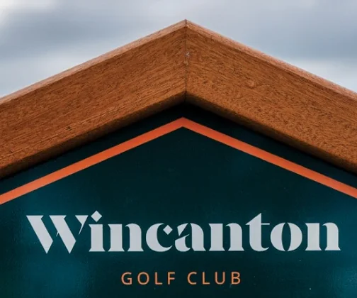 The crest of Wincanton Golf Club on its JB Golf tee sign