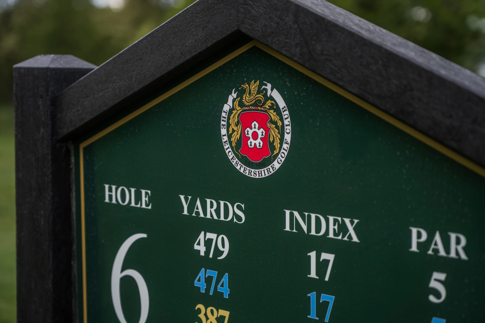 Close-up of the tee sign at The Leicestershire Golf Club
