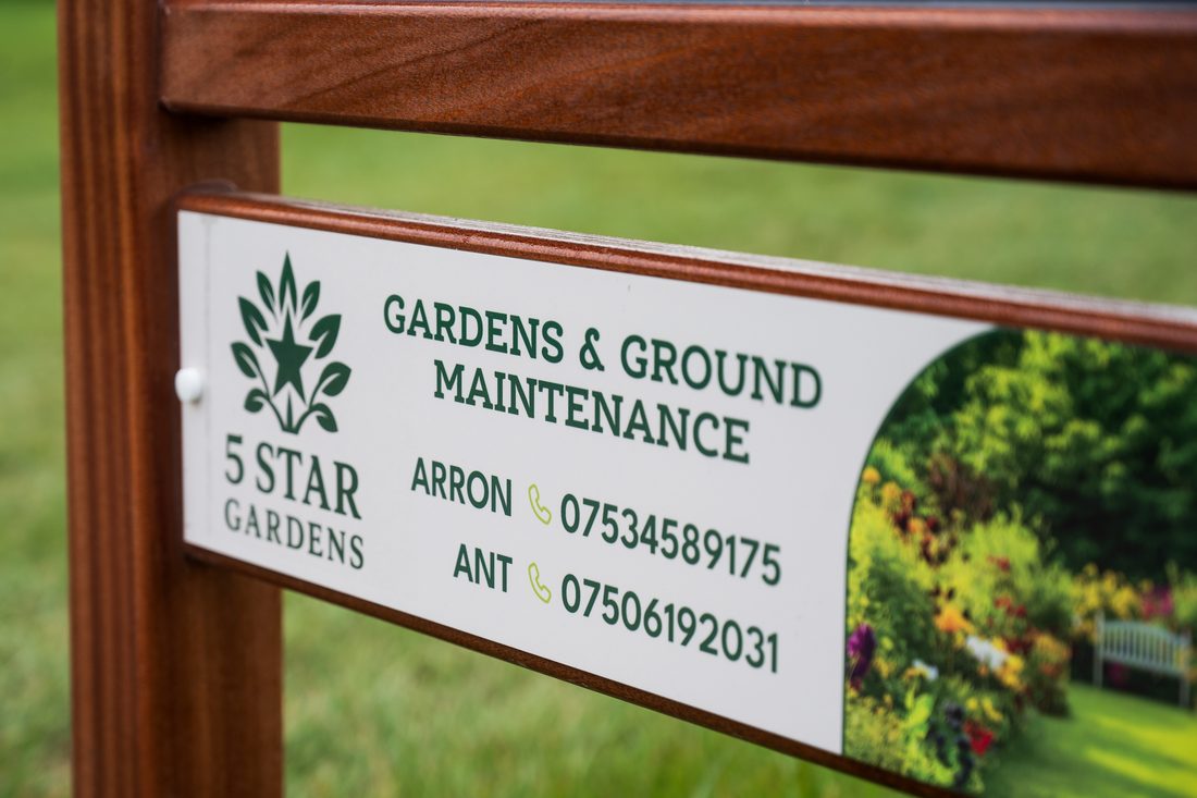 5 Star Gardens’s panel on a JB tee sign